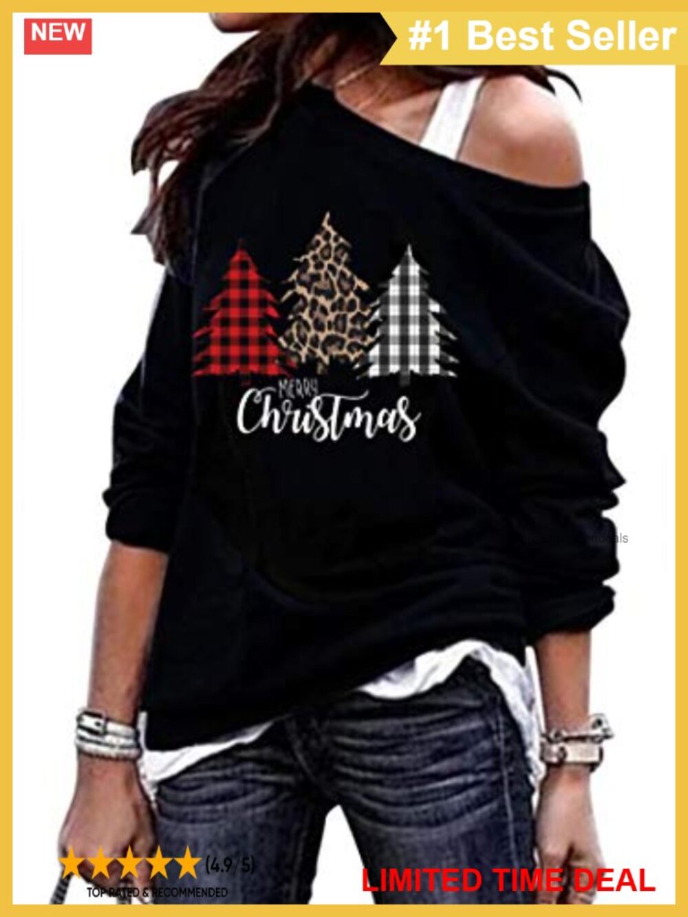 Women's Off Shoulder Christmas Tree Sweatshirt Cotton Blend Tunic